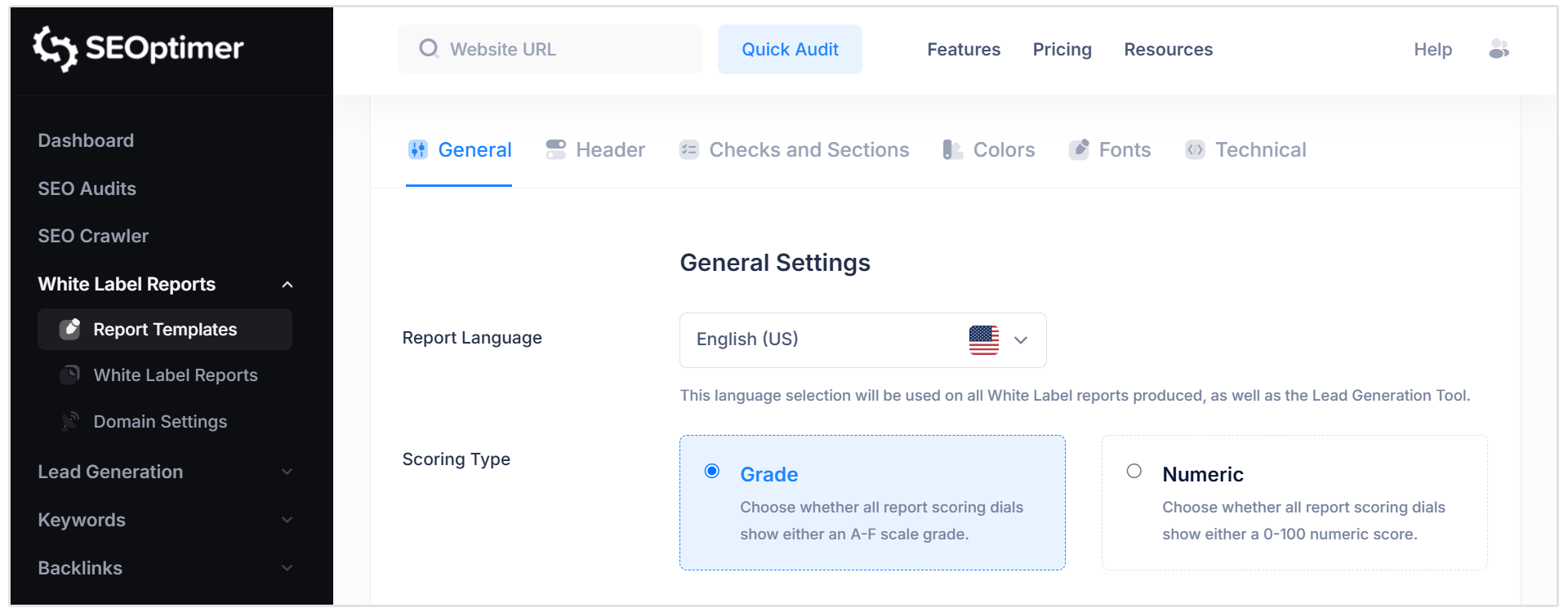 White Label Report settings